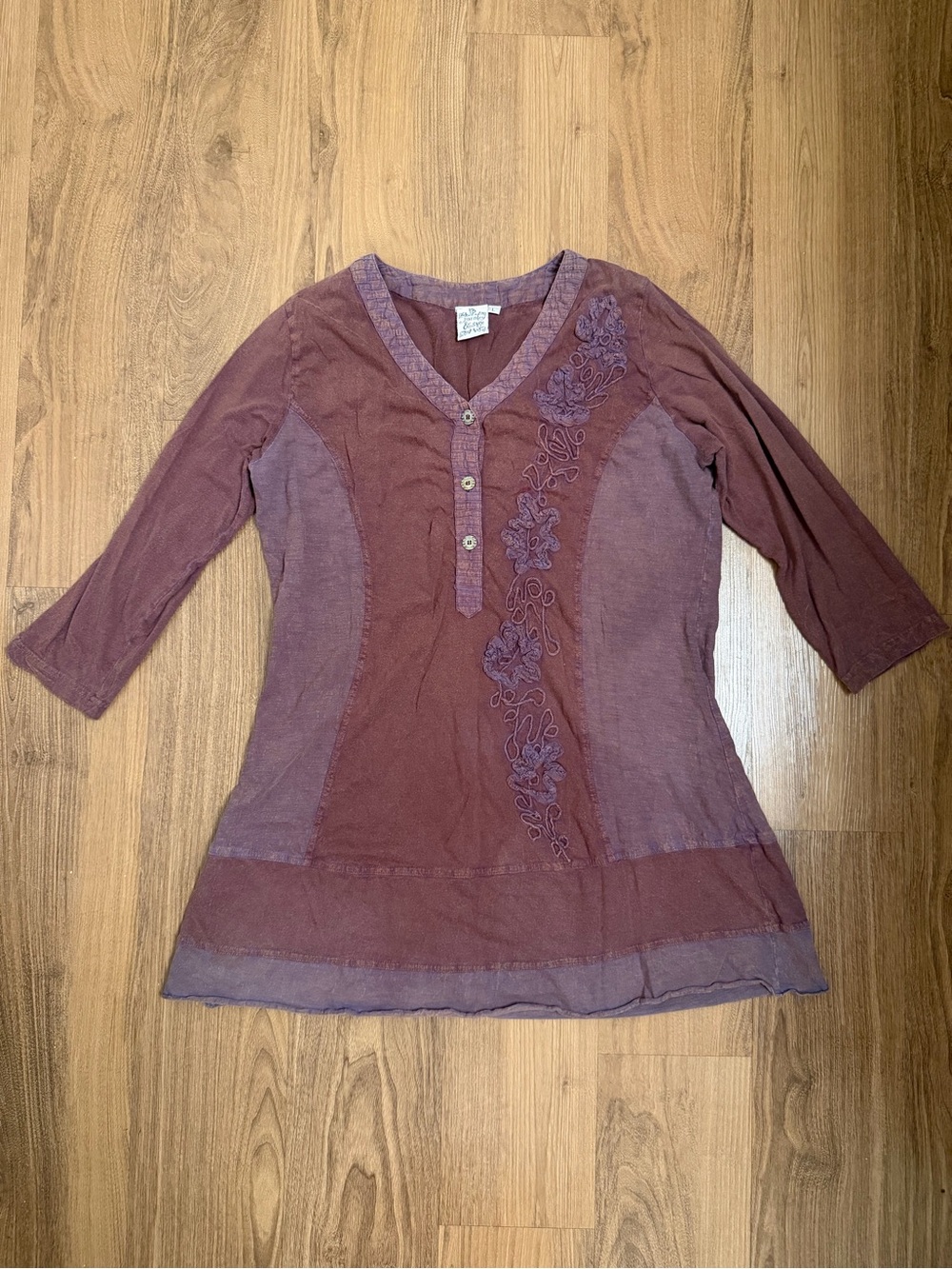 Parsley & Sage Floral Embroidered Purple V-Neck Henley Tunic